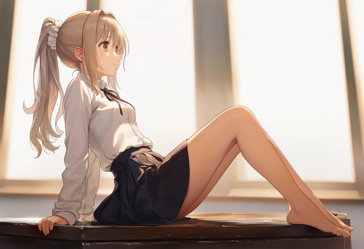 机に腕を預けて後傾するリラックスポーズのAIイラスト
