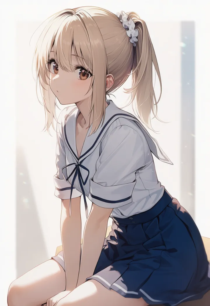 前屈みで脚の間に手をついて身体を支えるポーズのAIイラスト