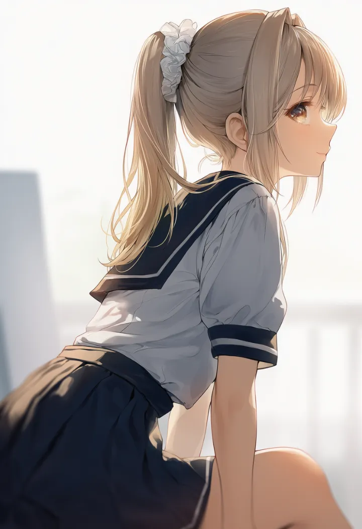 座って前屈みになり腕に体重を預けるポーズのAIイラスト