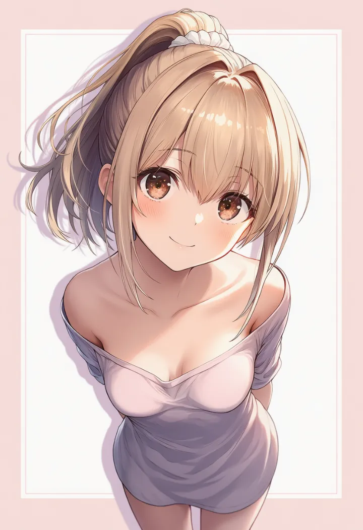 両手を後ろに回して前傾し首をかしげる女性のあざといポーズ