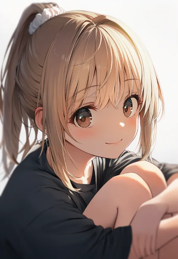 両腕を膝に預けて座るリラックスポーズのAIイラスト