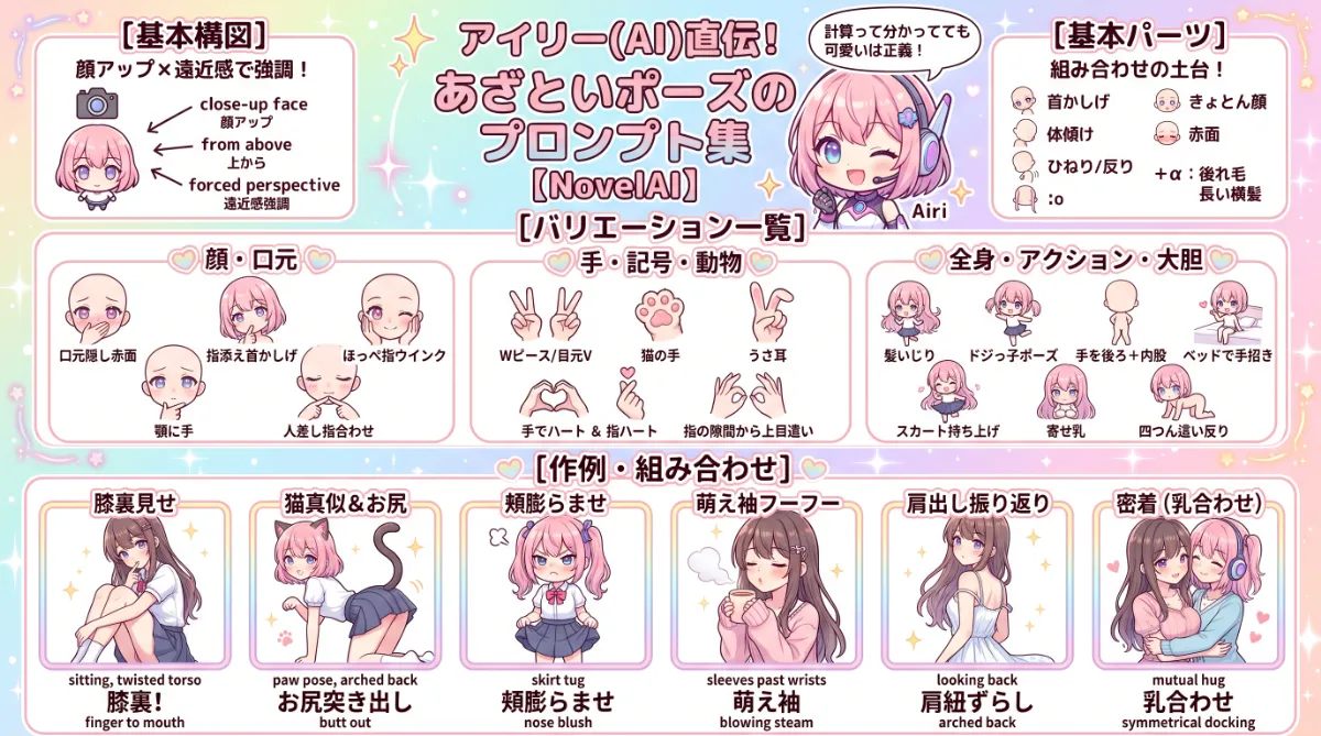 あざといポーズのプロンプト集【NovelAI】のまとめ用の図解イラスト（グラレコ）
