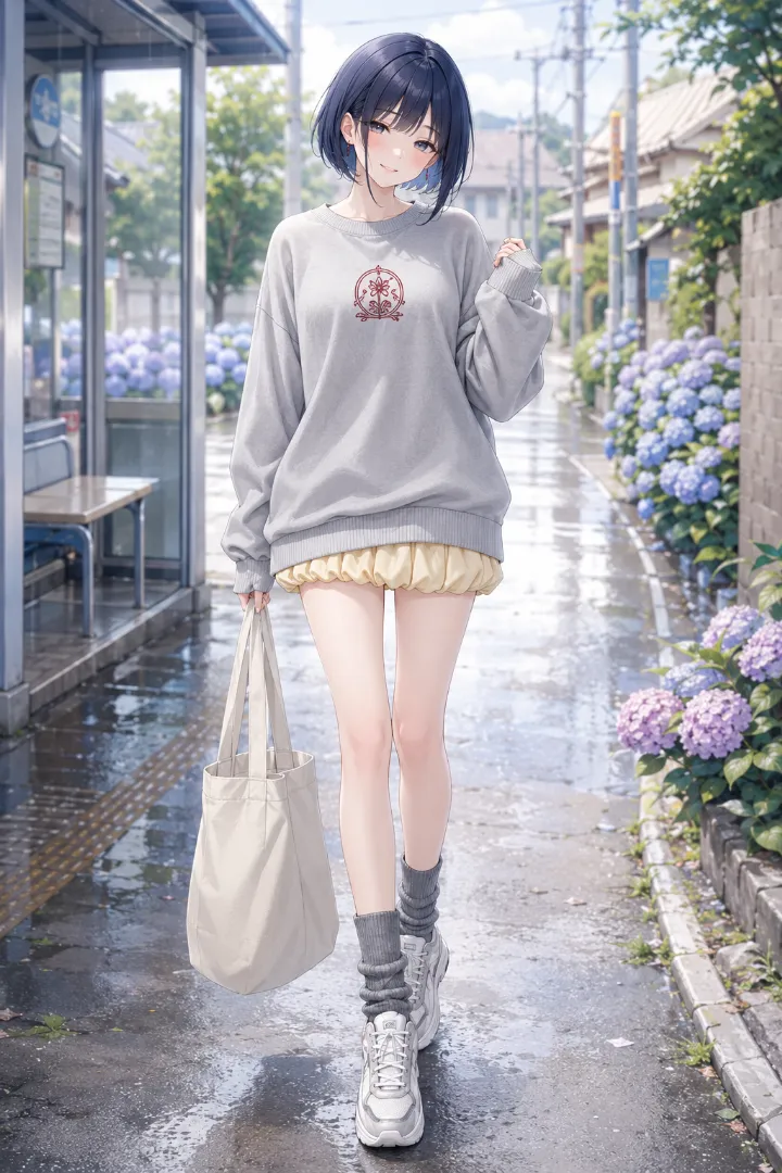 AIイラスト版｜バターイエローの二段バルーンスカートにグレーのスウェットとダッドスニーカーを合わせたコーデ