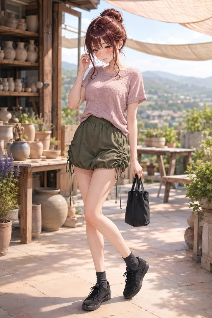 AIイラスト版｜オリーブグリーンの裾絞りバルーンスカートにくすみピンクのTシャツを合わせたコーデ