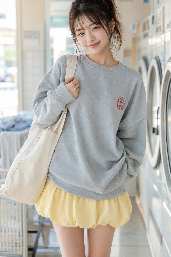 実写AI美女版｜バターイエローの二段バルーンスカートにグレーのスウェットとダッドスニーカーを合わせたコーデ