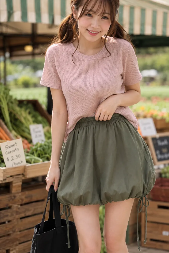 実写AI美女版｜オリーブグリーンの裾絞りバルーンスカートにくすみピンクのTシャツを合わせたコーデ