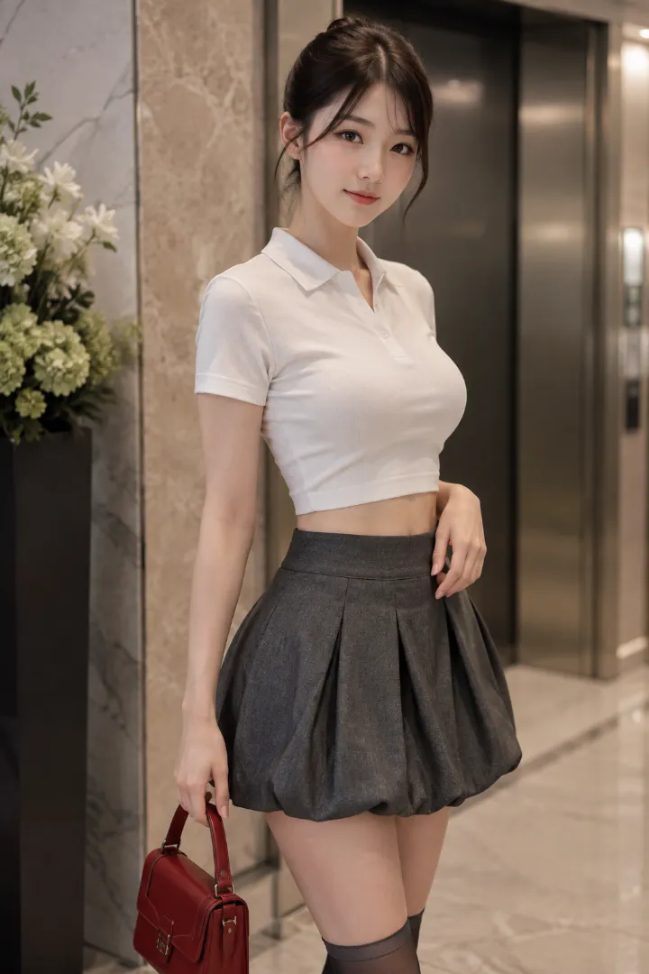 実写AI美女版｜チャコールグレーのプリーツバルーンスカートにオフホワイトのポロシャツを合わせたコーデ