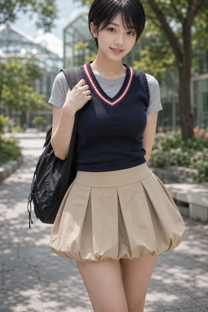 実写AI美女版｜ベージュのボックスプリーツバルーンスカートにチルデンニットベストを合わせたコーデ