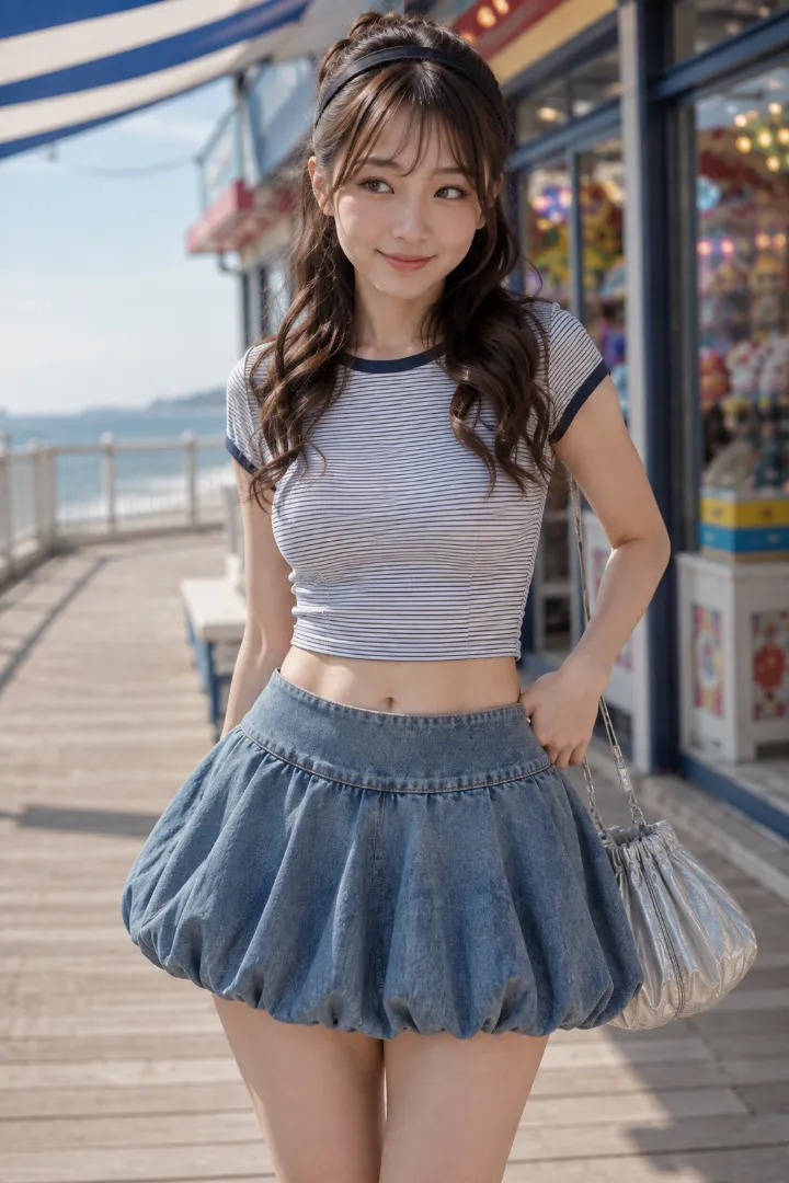 実写AI美女版｜ライトインディゴのデニムバルーンスカートにボーダー柄チビTシャツを合わせたコーデ