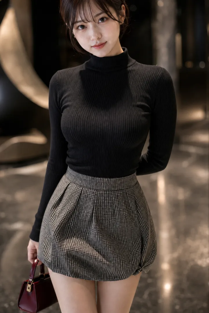 実写AI美女版｜千鳥格子柄のプリーツバルーンスカートに黒のハイネックトップを合わせたコーデ