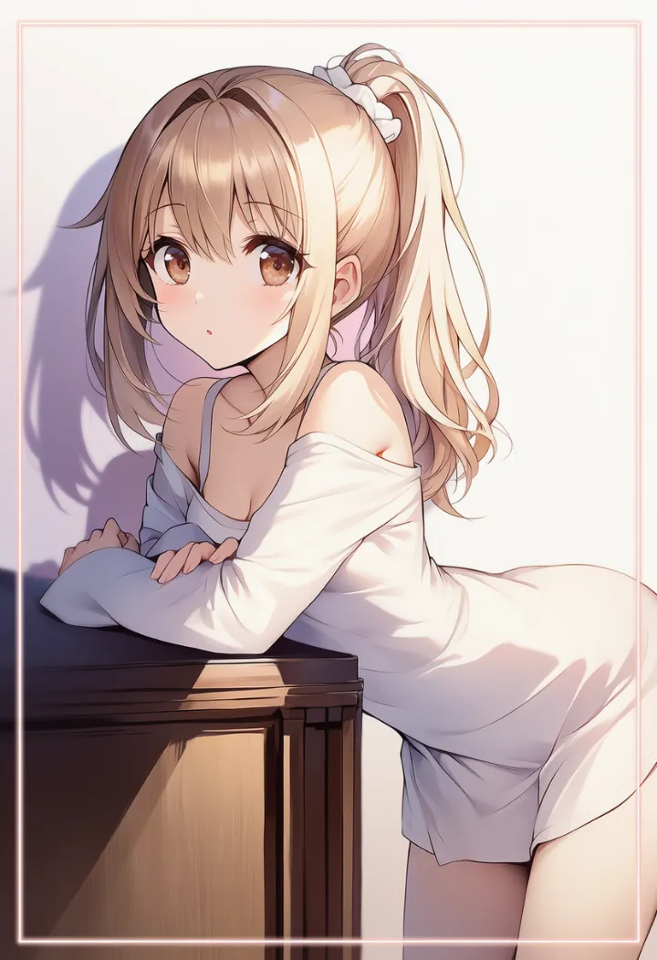 家具に対して前かがみになる女性のあざといポーズ