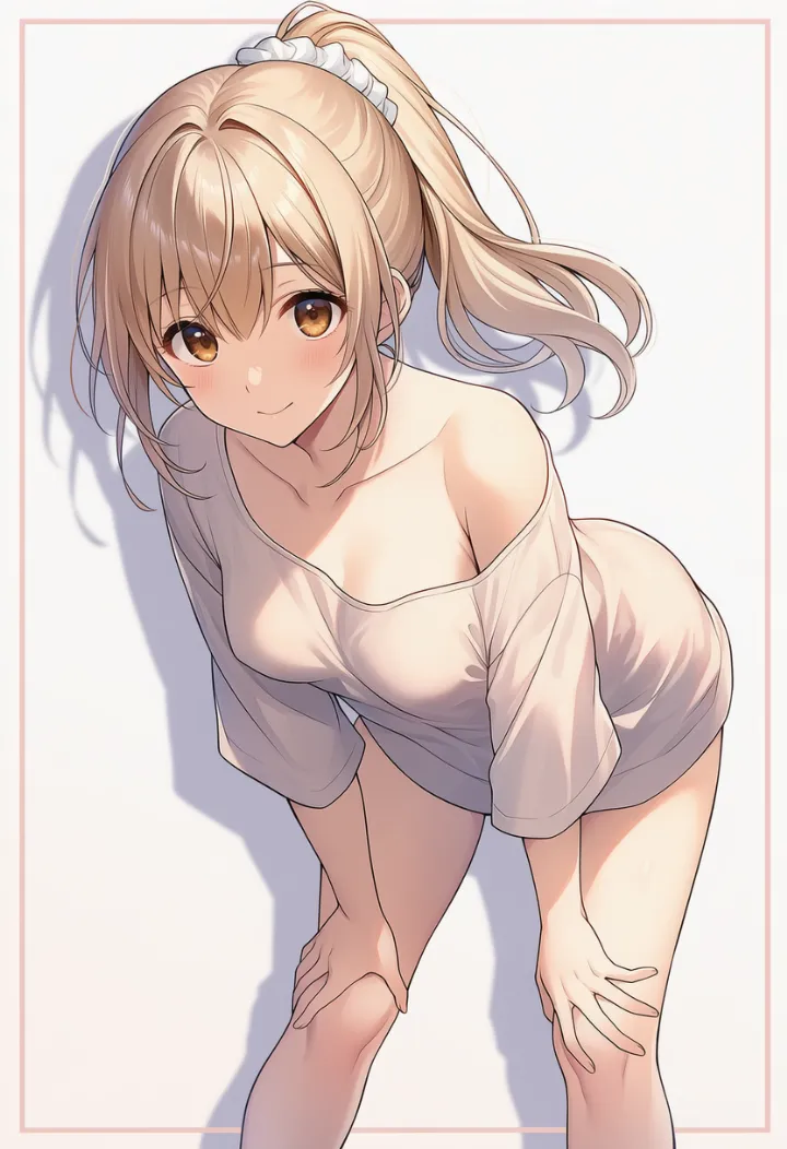 前かがみになって両手を膝に置く女性のあざといポーズ