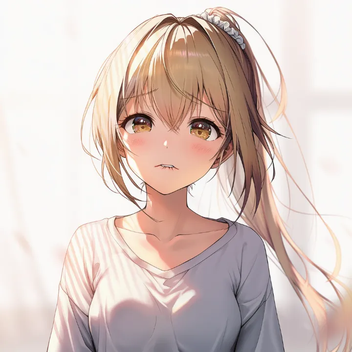 自分の唇を噛んで力む表情のAIイラスト