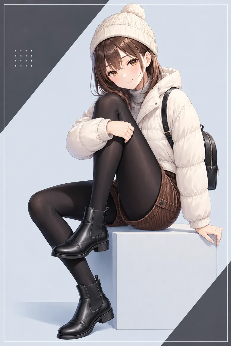 AIイラスト版｜クリームのショートダウンとブラウンのコーデュロイショーツに厚手の黒タイツを合わせたコーデ