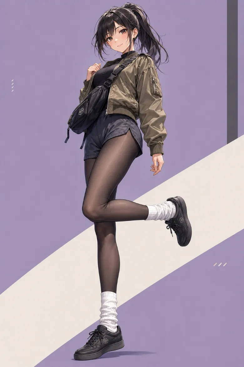 AIイラスト版｜カーキのボンバージャケットとナイロンショーツに黒タイツと白ソックスを重ねたコーデ