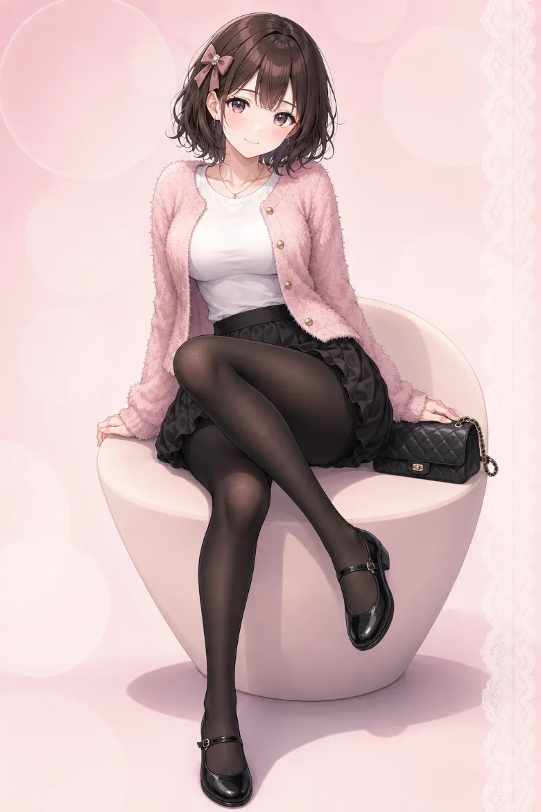 AIイラスト版｜淡いピンクのシャギーカーディガンと黒いバルーンミニに厚手の黒タイツを合わせたコーデ