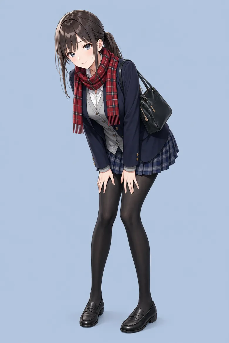 AIイラスト版｜ネイビージャケットの重ね着とチェックプリーツミニに厚手の黒タイツを合わせたコーデ