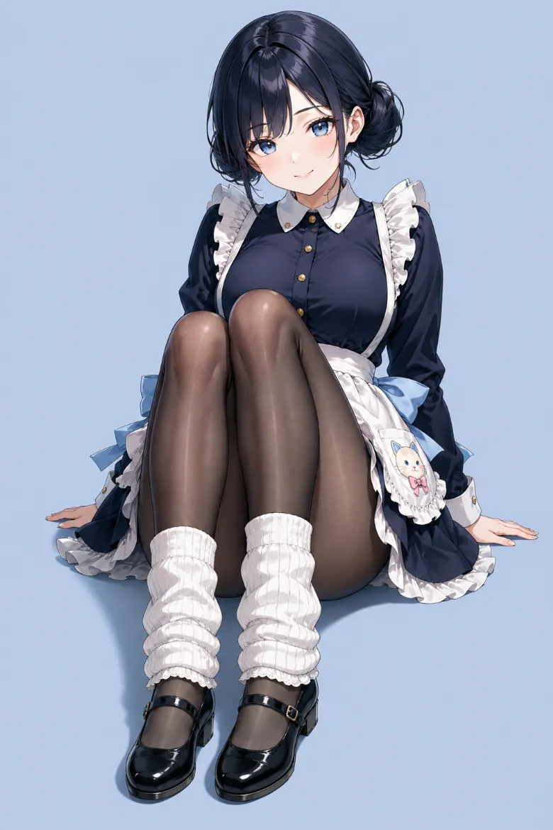 AIイラスト版｜濃紺のフリルミニドレスと白いエプロンに黒タイツと白いレッグウォーマーを合わせたコーデ