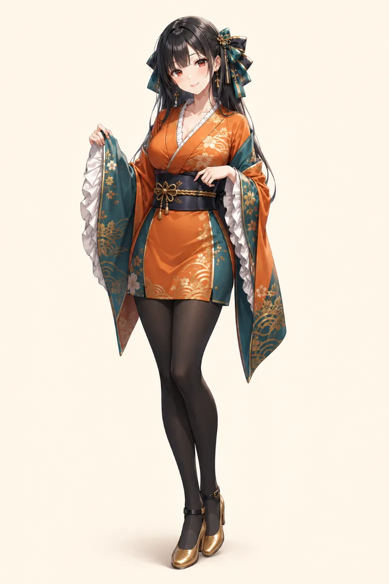 AIイラスト版｜オレンジとティールの着物風ミニドレスに厚手の黒タイツとゴールドの靴を合わせたコーデ