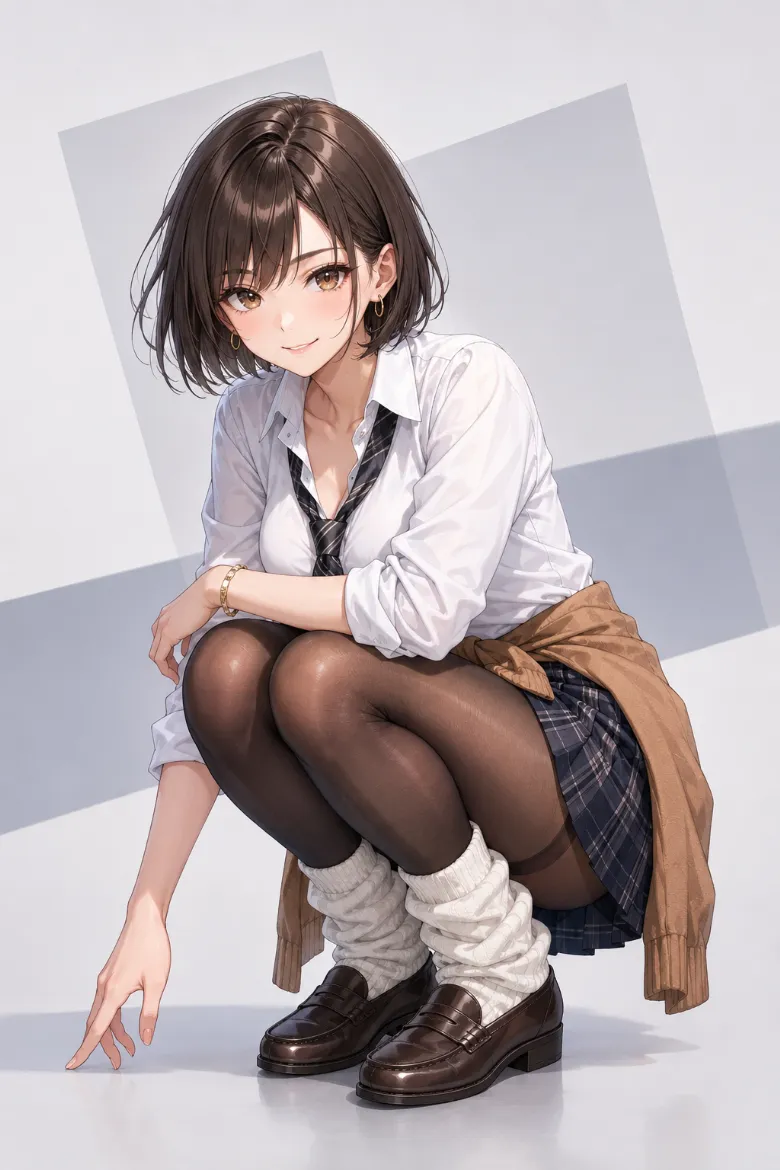 AIイラスト版｜白シャツとチェックプリーツミニに薄手の黒タイツと白いルーズソックスを重ねたコーデ