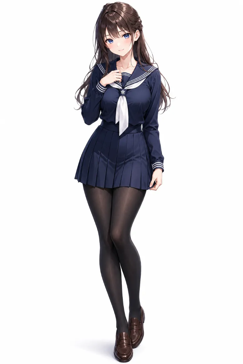 AIイラスト版｜濃紺のセーラー襟トップスとボックスプリーツミニに厚手の黒タイツを合わせたコーデ