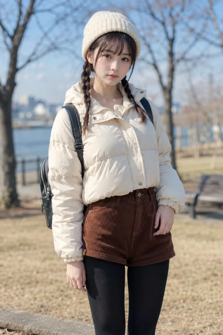 実写AI美女版｜クリームのショートダウンとブラウンのコーデュロイショーツに厚手の黒タイツを合わせたコーデ