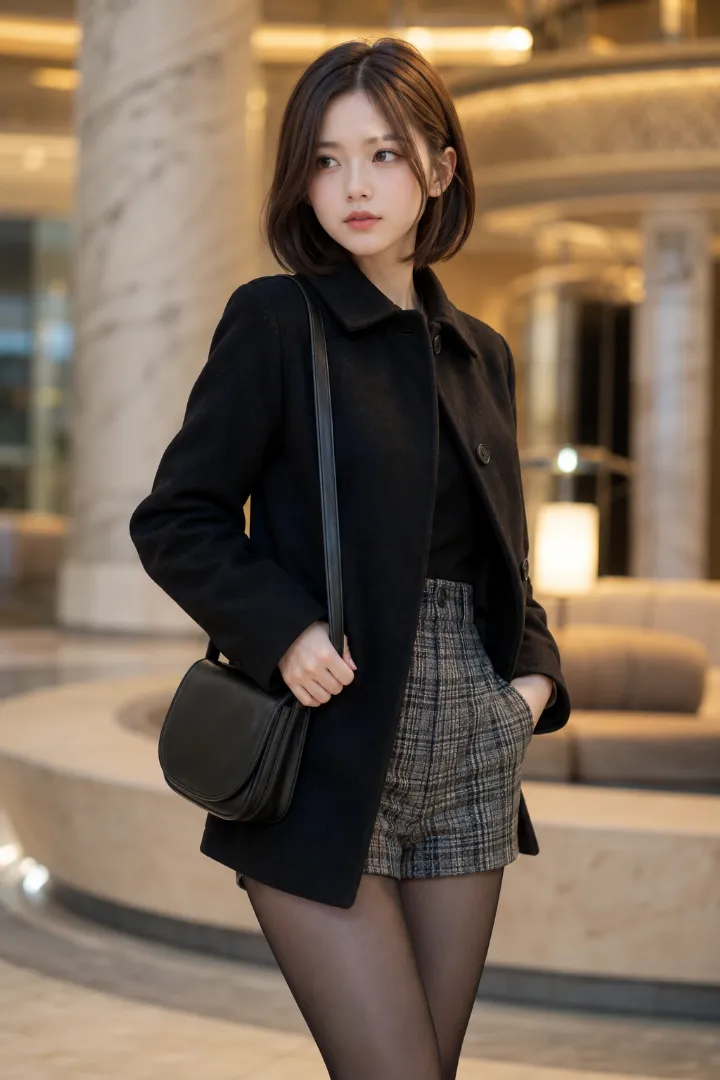 実写AI美女版｜黒のウールコートとグレーチェックのショートパンツに半透明の黒タイツを合わせたコーデ