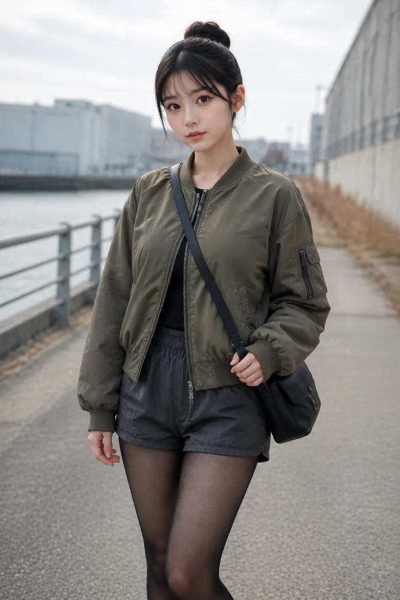 実写AI美女版｜カーキのボンバージャケットとナイロンショーツに黒タイツと白ソックスを重ねたコーデ