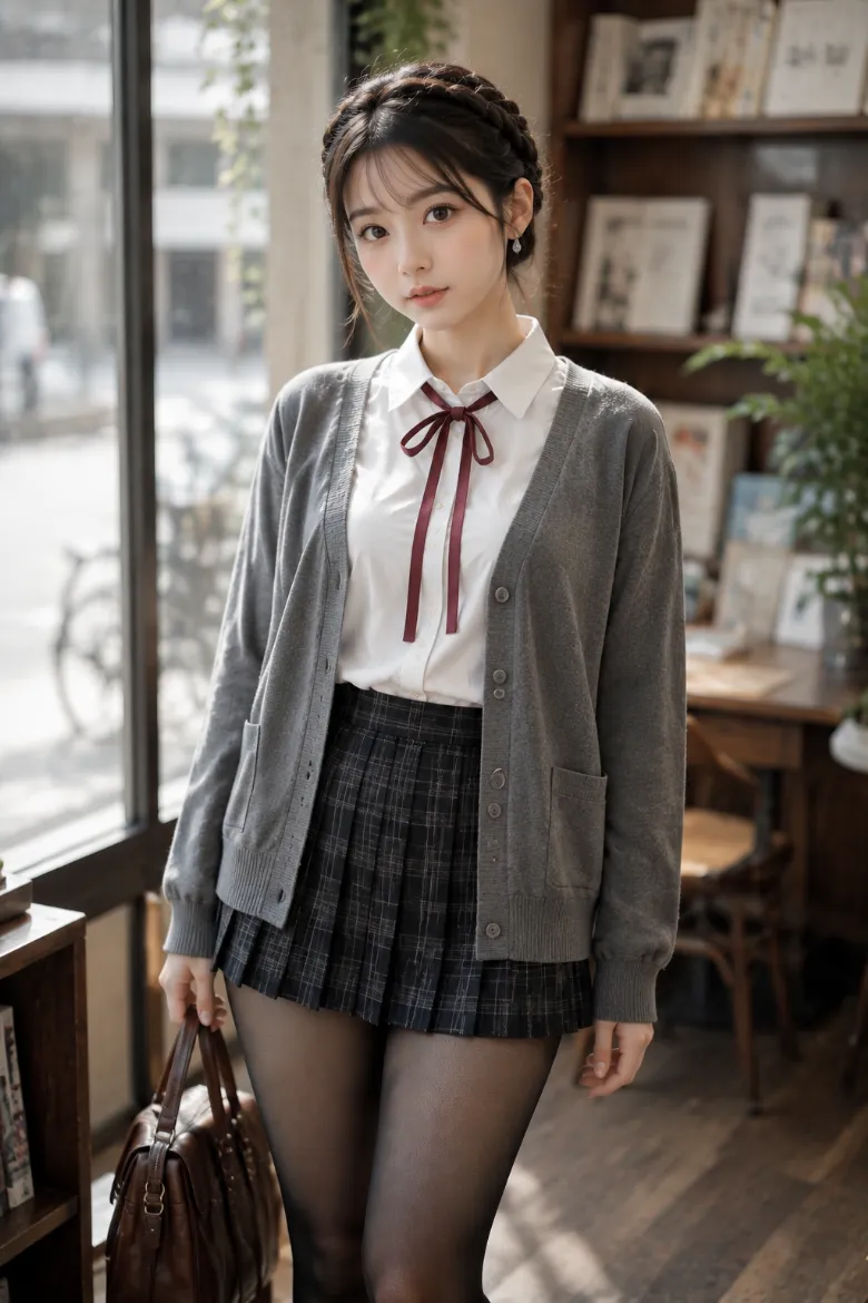 実写AI美女版｜グレーのカーディガンとチェックプリーツミニに半透明の黒タイツを合わせたコーデ