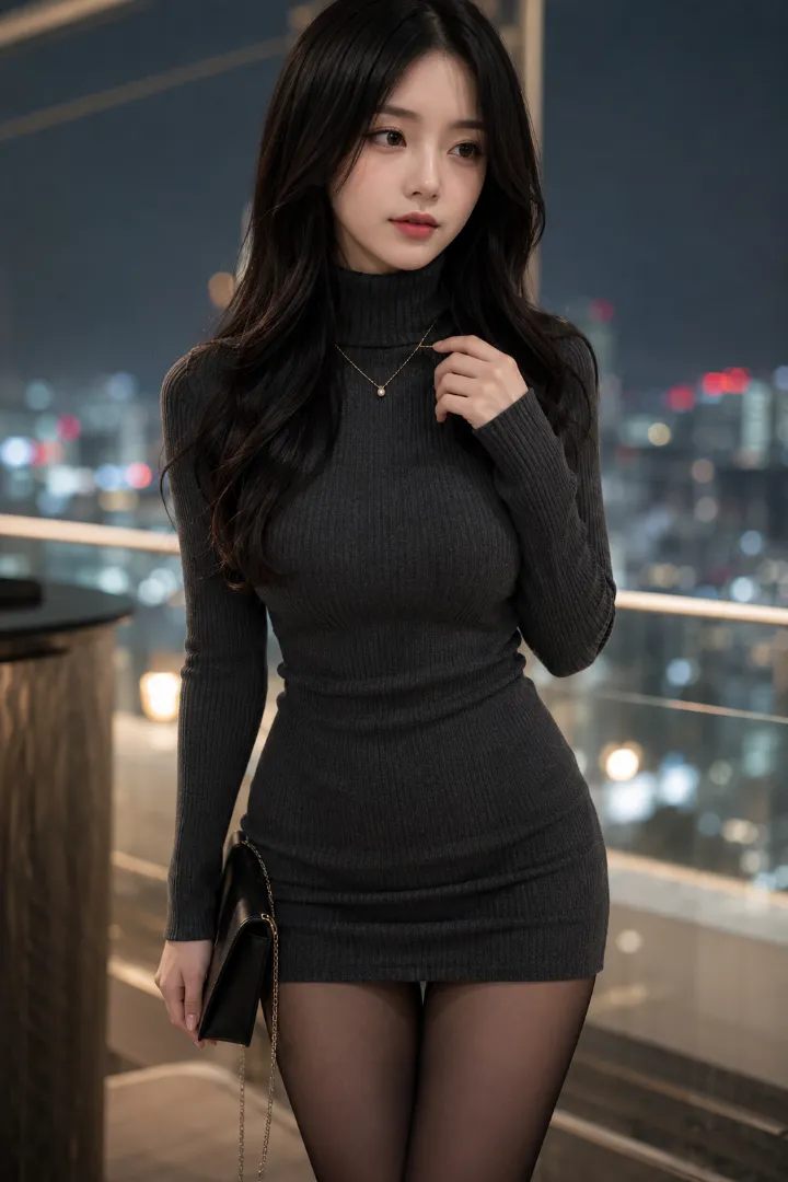 実写AI美女版｜チャコールグレーのリブニットミニワンピースに半透明の黒タイツとロングブーツを合わせたコーデ