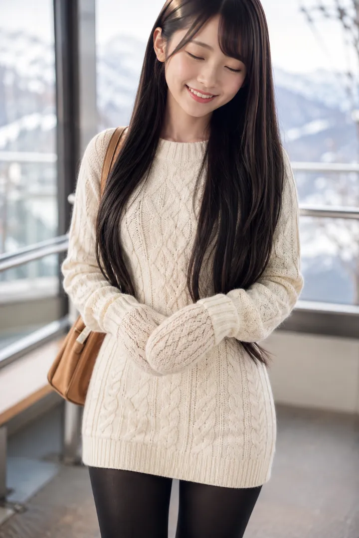 実写AI美女版｜アイボリーのケーブルニットミニワンピースに厚手の黒タイツとショートブーツを合わせたコーデ