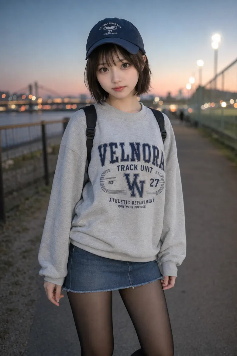 実写AI美女版｜グレーのロゴスウェットと切りっぱなしデニムミニに黒タイツと白ラインソックスを合わせたコーデ