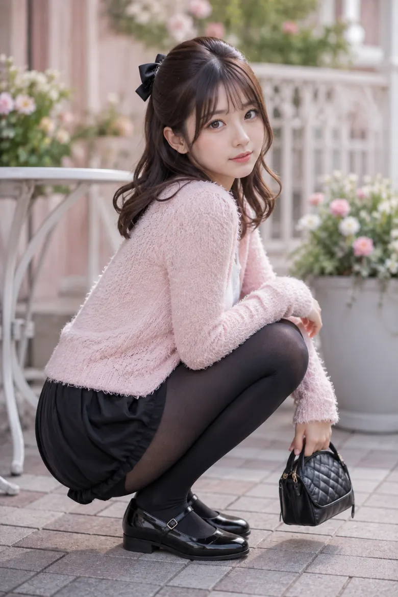 実写AI美女版｜淡いピンクのシャギーカーディガンと黒いバルーンミニに厚手の黒タイツを合わせたコーデ