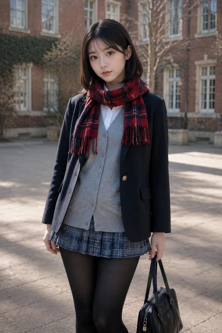 実写AI美女版｜ネイビージャケットの重ね着とチェックプリーツミニに厚手の黒タイツを合わせたコーデ