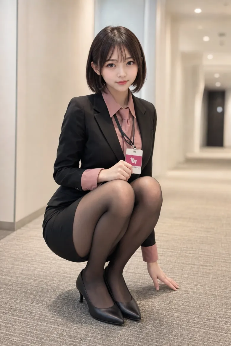 実写AI美女版｜ローズピンクのブラウスと黒ジャケット、タイトミニに薄手の黒タイツを合わせたコーデ