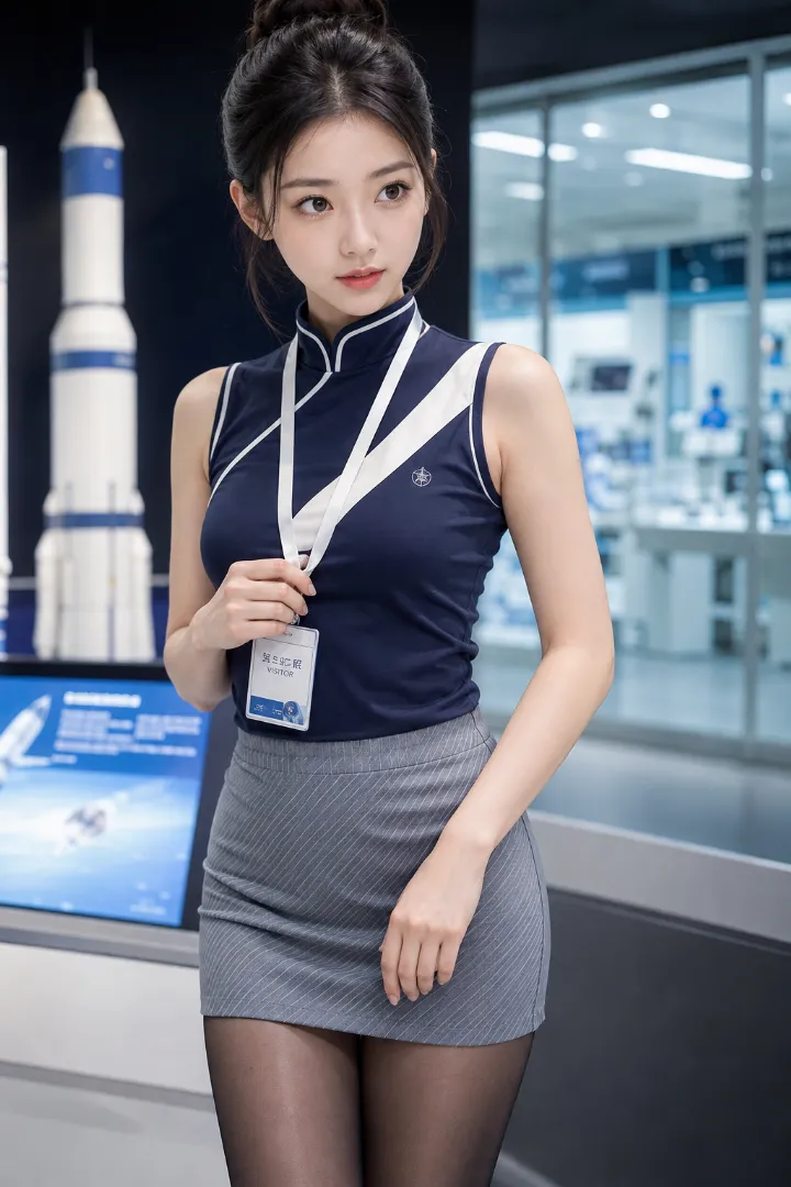 実写AI美女版｜ネイビーのノースリーブトップスとシルバーグレーのタイトミニに薄手の黒タイツを合わせたコーデ