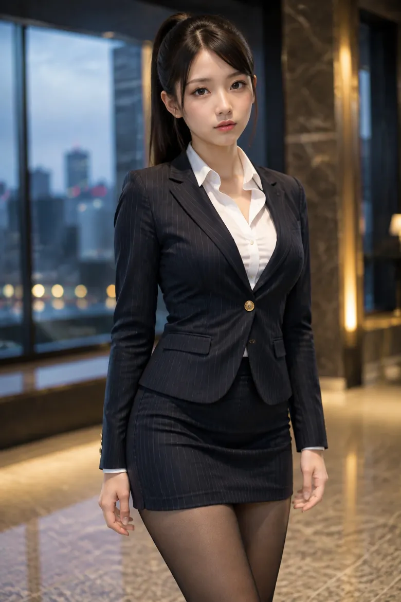 実写AI美女版｜ネイビーのピンストライプジャケットとタイトミニに足先まで透ける黒タイツを合わせたコーデ
