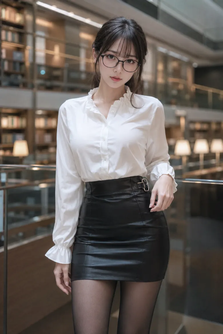 実写AI美女版｜白いフリルブラウスと黒レザーのペンシルミニに半透明の黒タイツを合わせたコーデ