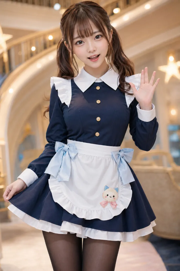 実写AI美女版｜濃紺のフリルミニドレスと白いエプロンに黒タイツと白いレッグウォーマーを合わせたコーデ