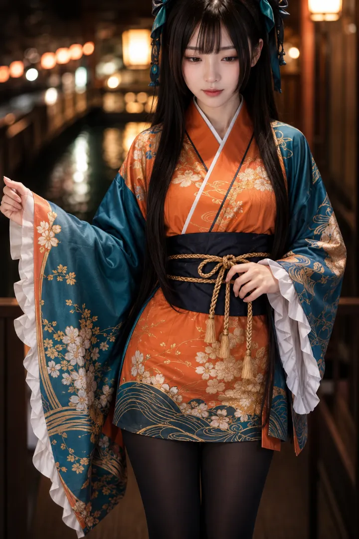 実写AI美女版｜オレンジとティールの着物風ミニドレスに厚手の黒タイツとゴールドの靴を合わせたコーデ