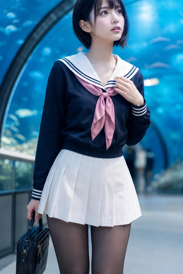 実写AI美女版｜ネイビーのセーラートップスと白いプリーツミニに半透明の黒タイツを合わせたコーデ