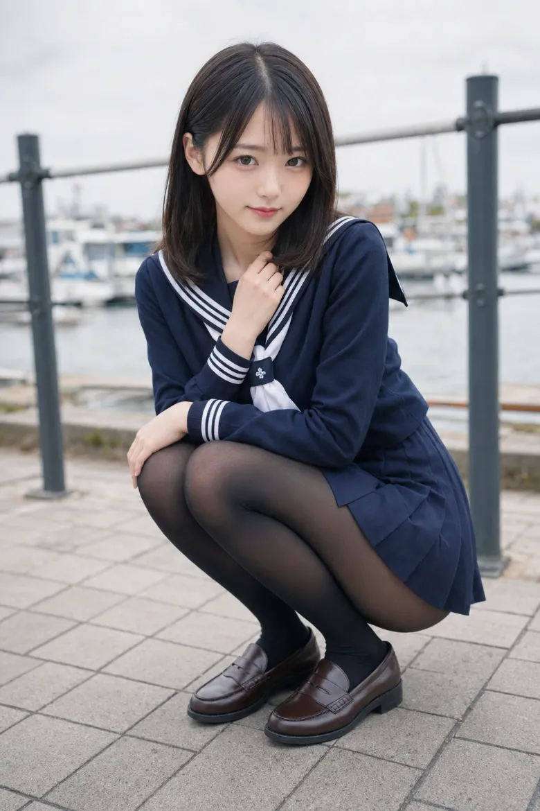 実写AI美女版｜濃紺のセーラー襟トップスとボックスプリーツミニに厚手の黒タイツを合わせたコーデ