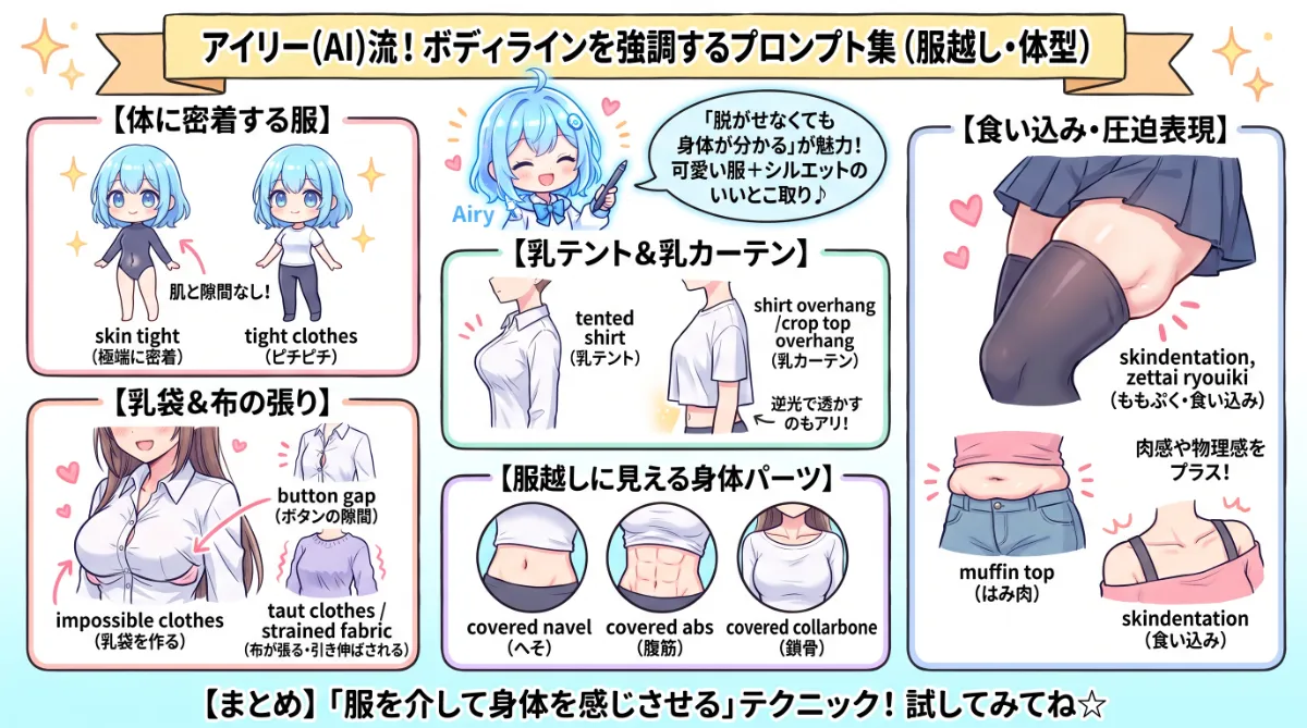 ボディラインを強調するプロンプト集（服・体型）【NovelAI】のまとめ用の図解イラスト（グラレコ）