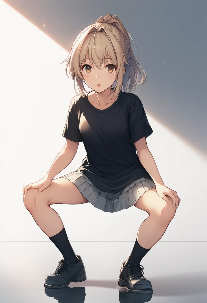 ガニ股で浅くしゃがむポーズのAIイラスト