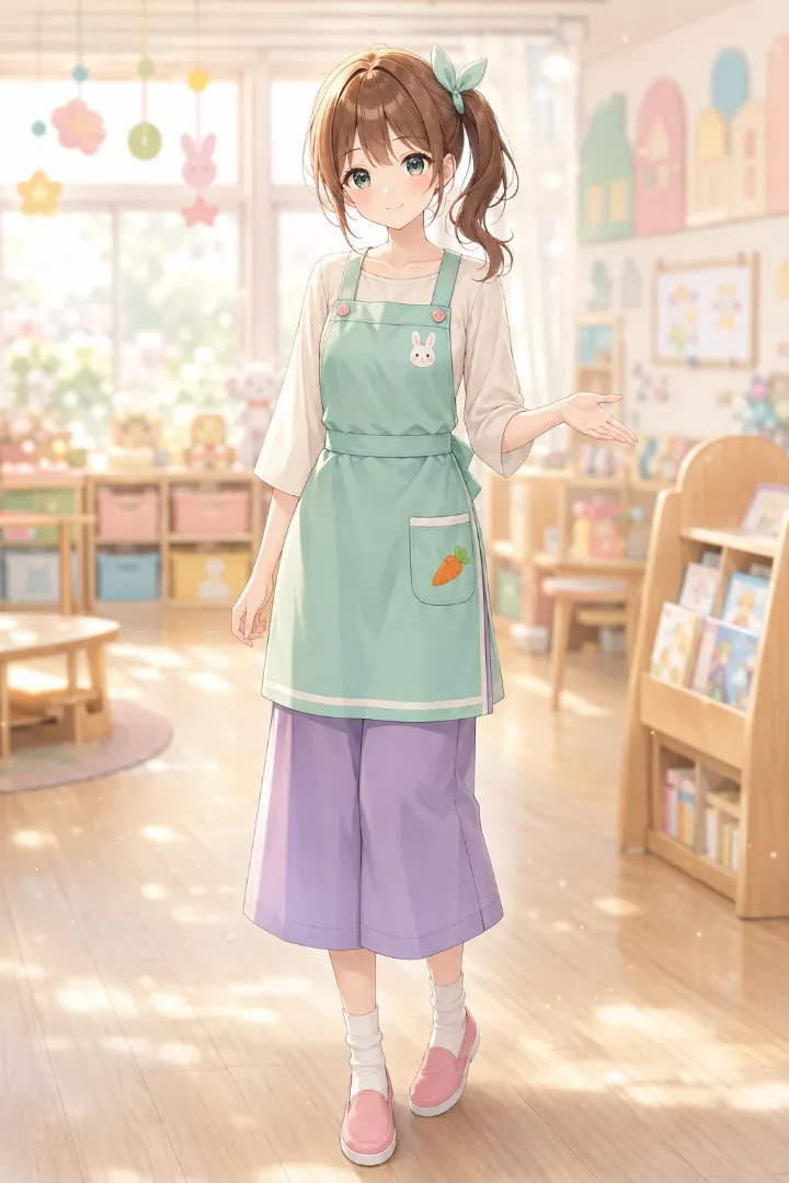 アイボリーのボートネックトップ、ラベンダーのガウチョパンツ、うさぎ付きミントグリーンエプロン、ピンクのスリッポンを合わせた保育士コーデのAIイラスト