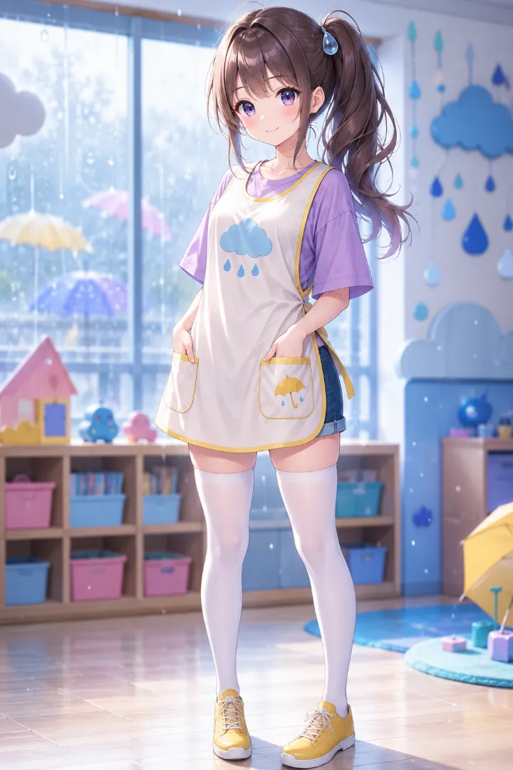 パステルパープルのオーバーサイズTシャツ、濃紺デニムショートパンツ、雨雲と傘付きアイボリーエプロン、黄色スニーカーを合わせた保育士コーデのAIイラスト