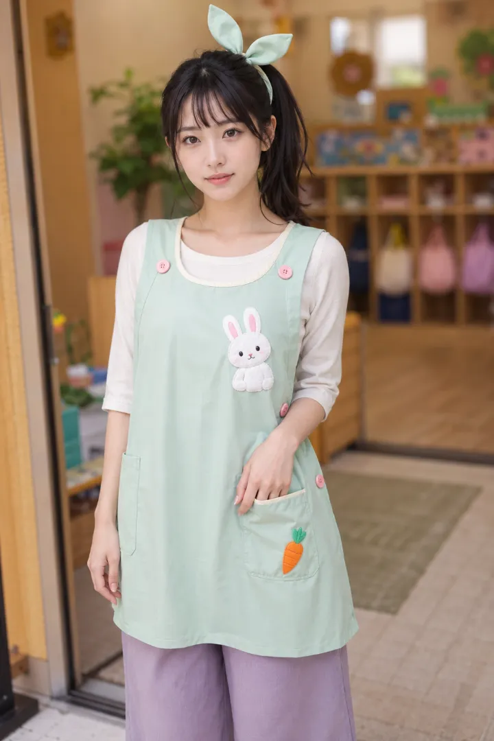 アイボリーのボートネックトップ、ラベンダーのガウチョパンツ、うさぎ付きミントグリーンエプロン、ピンクのスリッポンを合わせた保育士コーデの実写AI画像