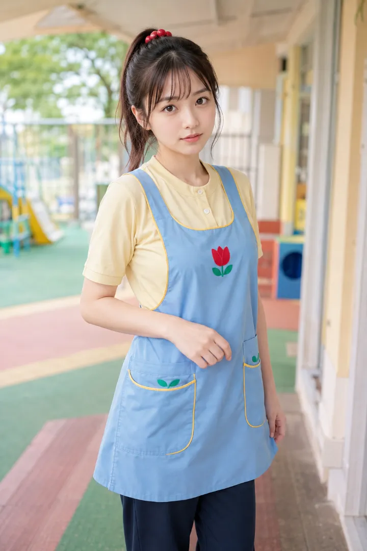 パステルイエローの半袖ヘンリートップ、ネイビーのストレートパンツ、チューリップ刺繍のブルーエプロン、赤スニーカーを合わせた保育士コーデの実写AI画像