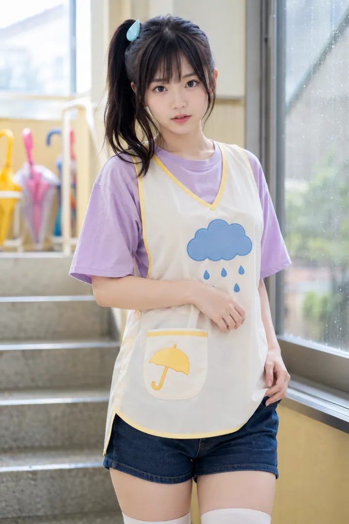 パステルパープルのオーバーサイズTシャツ、濃紺デニムショートパンツ、雨雲と傘付きアイボリーエプロン、黄色スニーカーを合わせた保育士コーデの実写AI画像