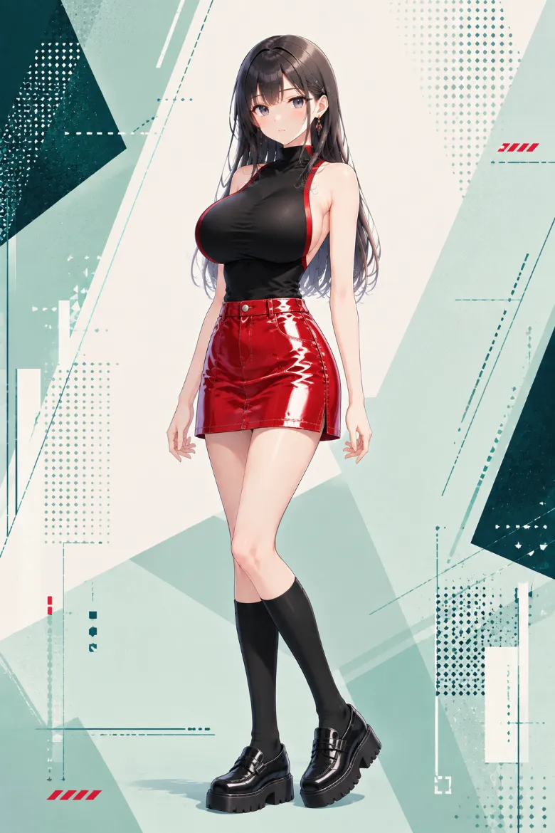 AIイラスト版｜黒のハイネックノースリーブトップスと赤のエナメルAラインミニスカートのコーデ